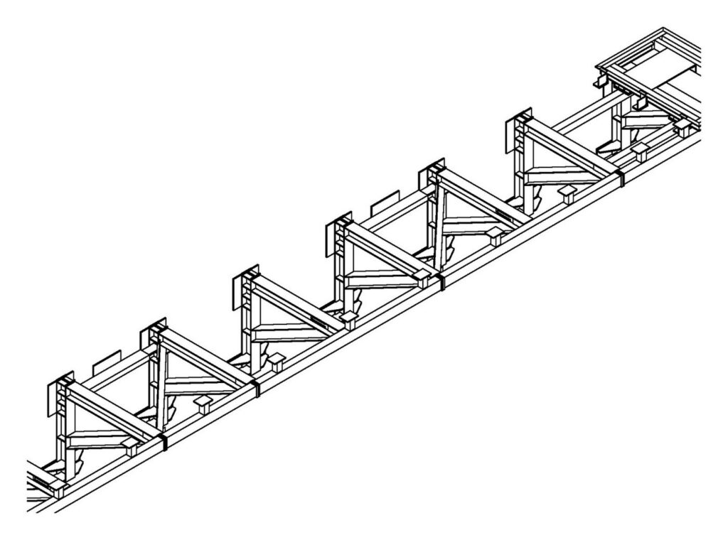 3D detail of the cantilever brackets on their rail