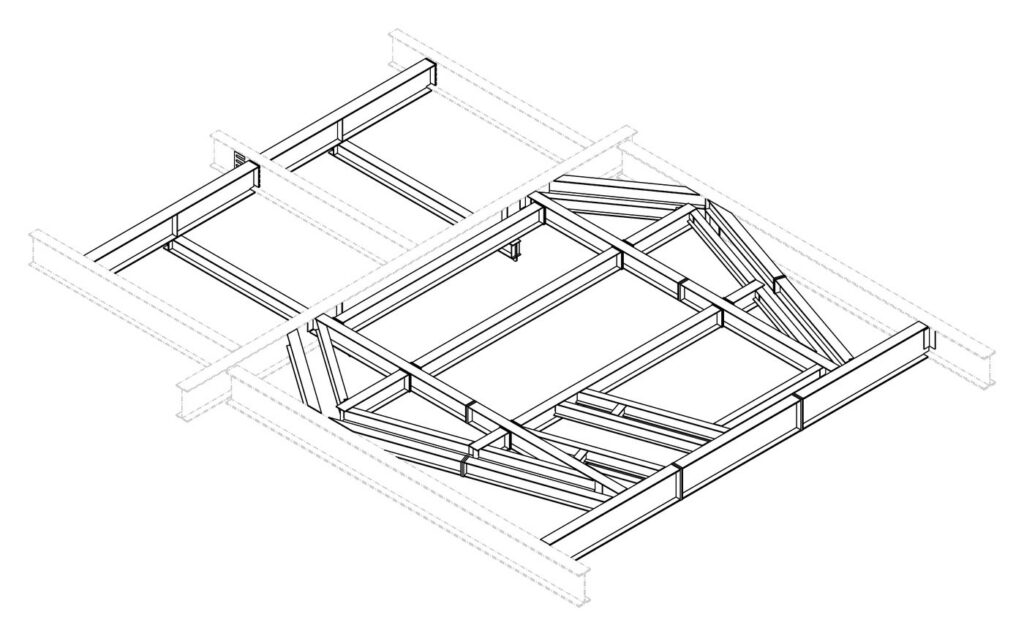 3D model of the new infill steel, with the existing tower steel shown faint