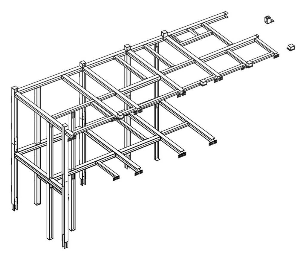 3D model of the lower frame and roof beams